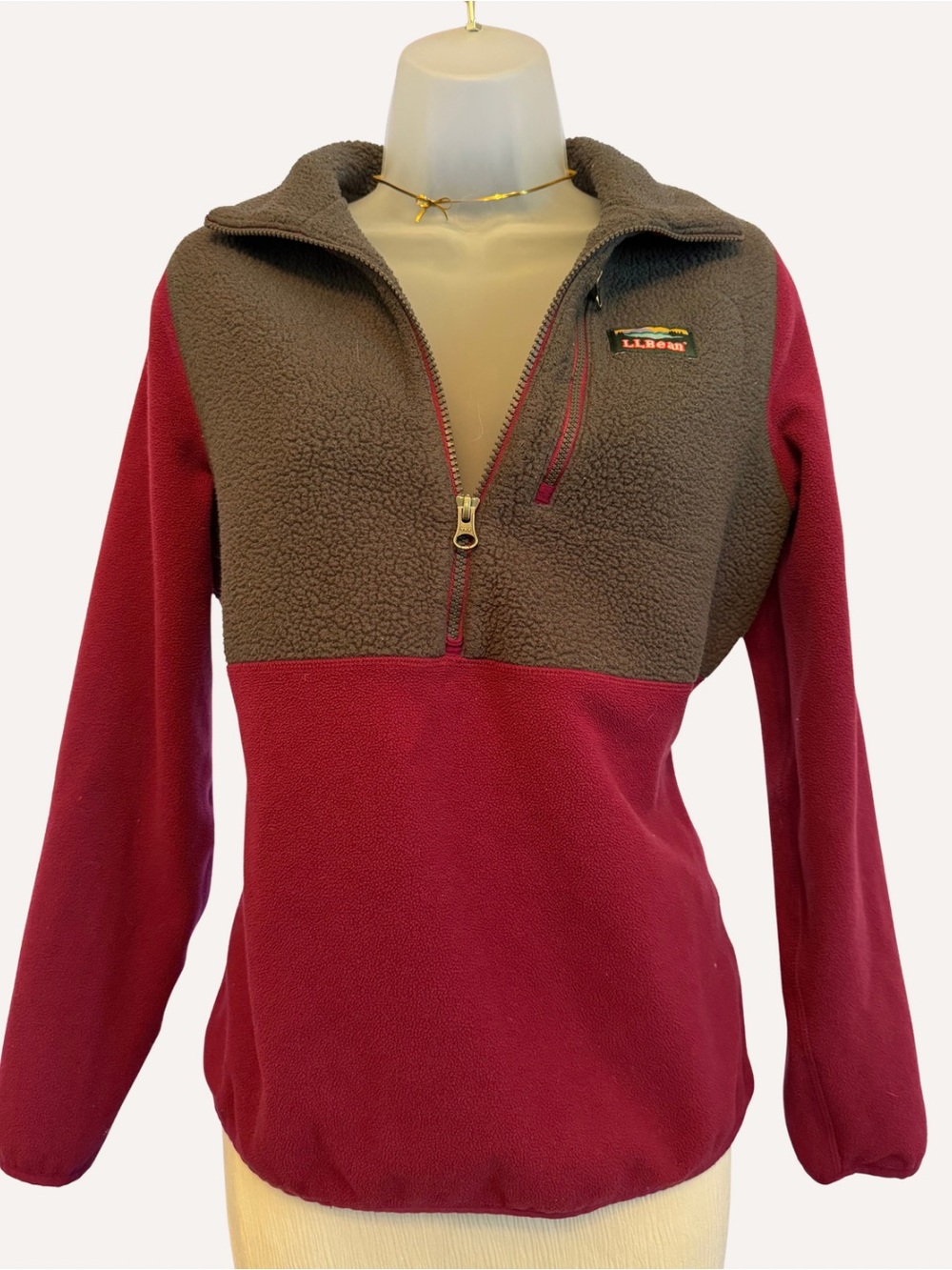 L.L. Bean Two-Tone Half-Zip Fleece Pullover in Burgundy and Brown